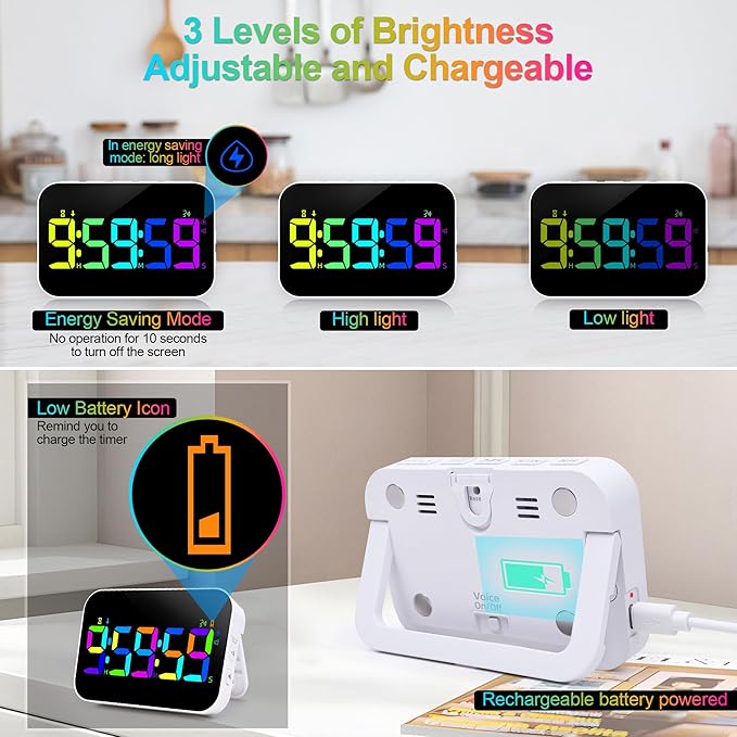 Kitchen Timer for Cooking, 10 RGB Color Rechargeable Digital Magnetic KidsTimer with Voice Reminder, Countdown/Up, 5”LED Display 3 Brightness 4 Volume Adjustable for Kids Classroom Home Gym-RGB