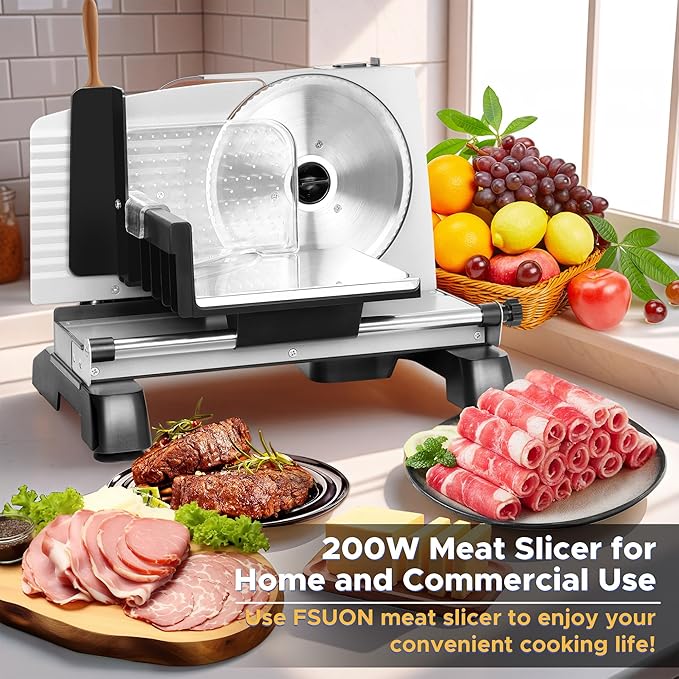 Meat Slicer 200W for Home Use, 2 Removable 7.5" Stainless Steel Blades, Electric Food Slicer with 0-18mm Adjustable Thickness, Child Lock, 1 Tray, and 1 Towel