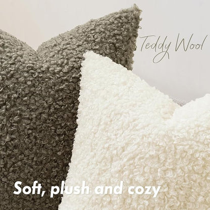 Faux Fur Throw Pillow Covers 18x18 Inch Set of 2 Boucle Neutral Decorative - Image 2