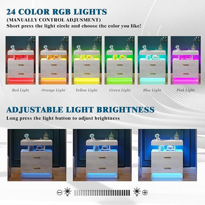 WOOVIVS Night Stand with Light, High Gloss Nightstand with USB/Wireless - Image 3