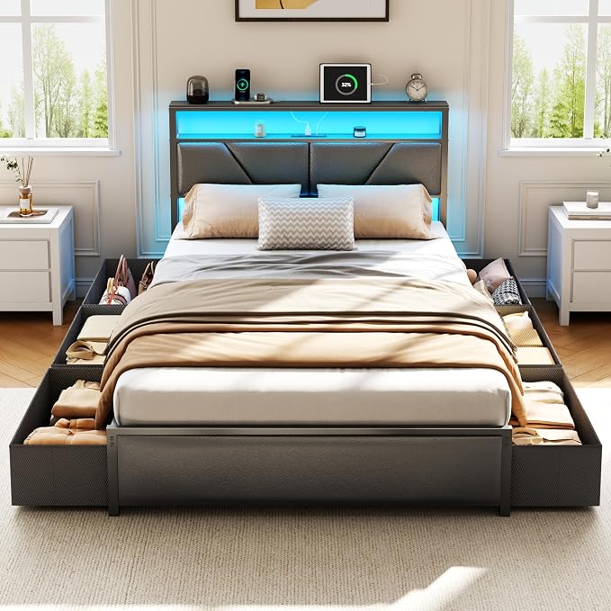 OURPIC Full Size Bed Frame, 2-Tier Storage Headboard & 6 Fabric Drawers - Image 5