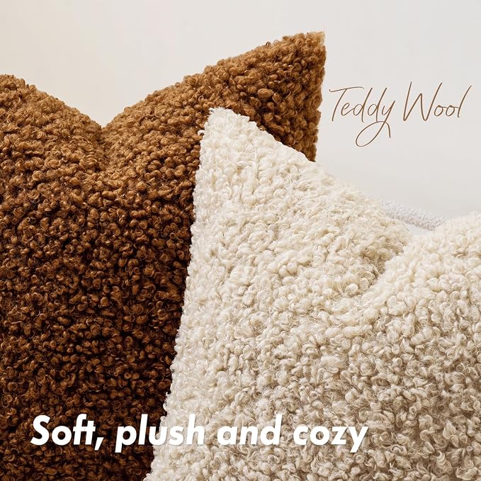 Faux Fur Throw Pillow Covers 20x20 Inch Set of 2 Boucle Neutral Decorative - Image 5