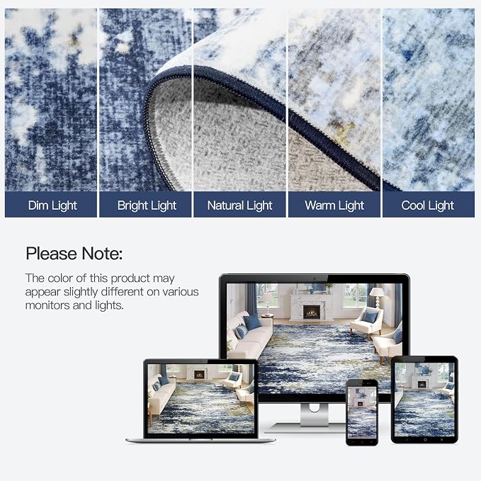 5x7 Area Rug for Living Room, Abstract Washable Non-Slip Rugs, Dark Blue | - Image 9