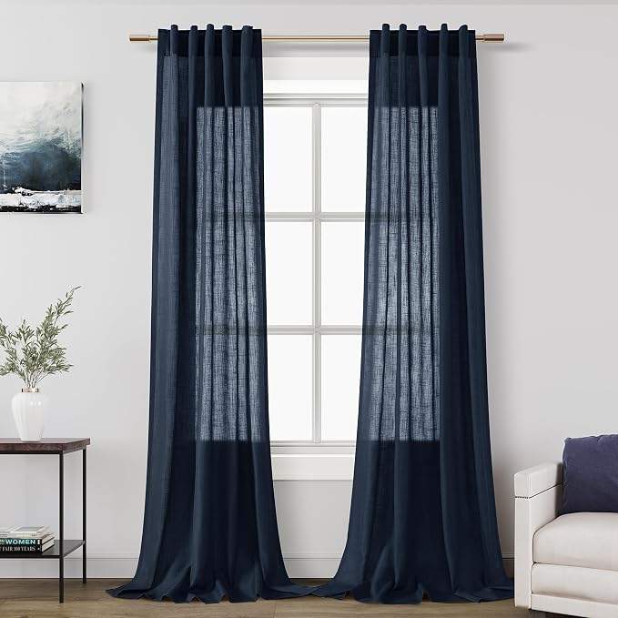 Navy Blue Linen Textured 96 Inch Curtains 2 Panel Set Back Tab Rod Pocket Semi by Nanspring