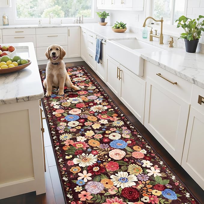 Black Brown Floral Hallway Runner Rug 2x10 - Image 3