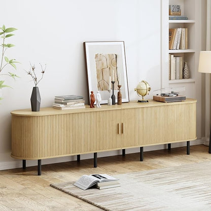 86.6" TV Stand with Power Outlet, Mid-Century Modern Television Stand, Fluted - Image 4