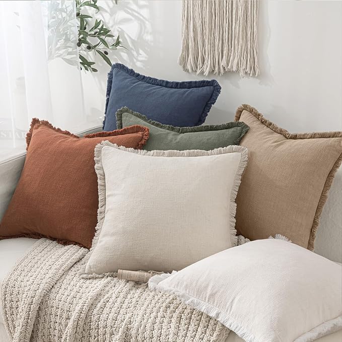 MIULEE Boho Linen Fringe Decorative Euro Throw Pillow Covers Camel 26x26 | Set - Image 6