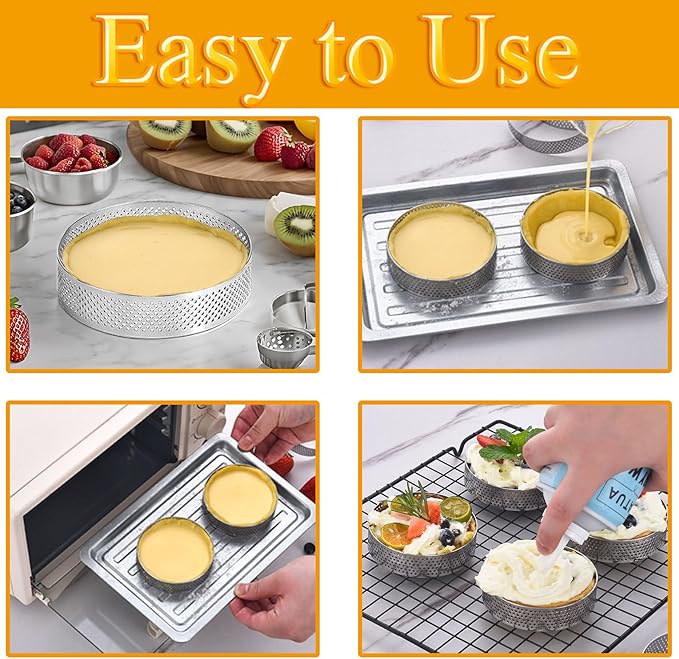 8Packs Perforated Tart Rings 3.15 Inch Stainless Steel Perforated Cake Rings, Round Tart Ring Molds for Cookies, fruit tarts, Prevent Soggy Crust & Even Baking