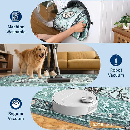 GarveeHome Teal 2x6 Washable Kitchen Runner Rugs Non Slip Provence Botanical - Image 6