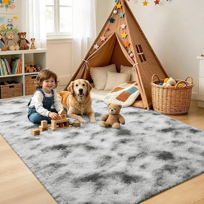 Noahas 5x7 Tie-Dyed Grey and White Fluffy Area Rug Non-Slip - Image 4