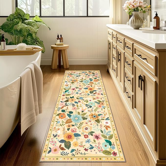 Floral Washable 2x10 Area Rugs Runner Entryway Hallway Ivory/Yellow | Flower - Image 8