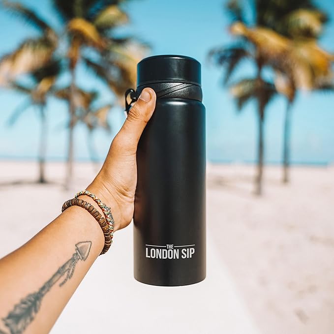 London Sip 25 oz Multi-Function Travel Mug and Tumbler Tea Infuser Water Bottle Fruit Infuser Flask Hot and Cold Double Wall Stainless Steel Coffee Thermos, Zen Black