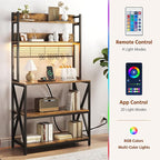 Yaheetech Kitchen Bakers Rack with Power Outlet & LED Lights, 5 Tiers Coffee Bar Table with 8 S Hooks, 64 Inches Tall Microwave Oven Stand with Storage for Spices, Pots, Rustic Brown