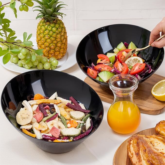 bUCLA 12 Pack Black Plastic Serving Bowls - 54 OZ Angled Bowls Disposable for Chip&Candy - Party Table Salad and Fruit for Party, Wedding & New Year