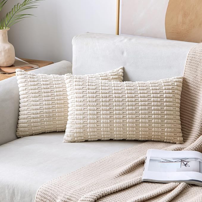 MIULEE Lumbar Corduroy Decorative Throw Pillow Covers 24x12 Cream White | Pack by MIULEE