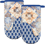 Thumb Oven Mitts, Heat and Slip Resistant Silicone Kitchen Mittens 2-Pack Set, Vintage Carpet Flower Soft Long Oven Gloves, Flexible Potholders for Safe Baking Cooking & Grilling (Dusty Blue)