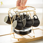 LYEOBOH Espresso Cups with Saucers Set, 3 Ounces Porcelain Coffee Cups with Metal Stand and Spoons, Cappuccino Cups Cute Demitasse Cups for Coffee Drinks, Latte, Tea Set of 6, Black