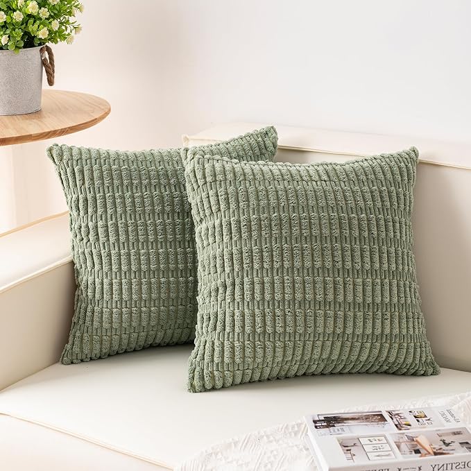 Pack of 2 Corduroy Decorative Throw Pillow Covers 20x20 Inch, Sage Green | Fall by Unknown