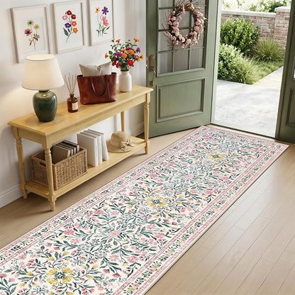 PLHXFR 2.6x14 Washable Runner Rug：Floral Indoor Kitchen Carpet Pink Green | - Image 2