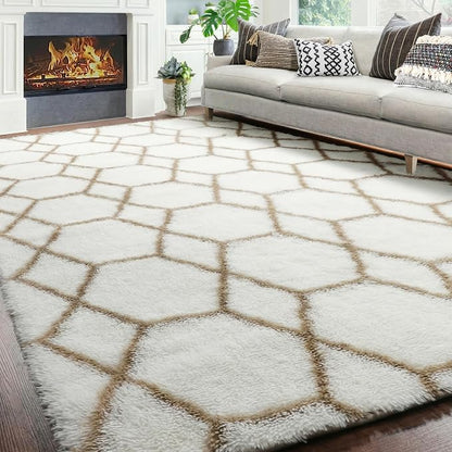 5x7 Area Rugs for Living Room Bedroom, Fluffy White and Beige Geometric Rug | - Image 7