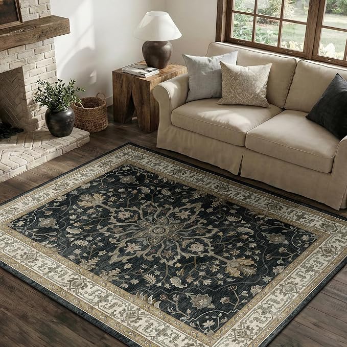 RELEANY Washable Area Rug, Water Repellent, Pet Friendly, Vintage Floral Boho by RELEANY