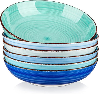 vancasso Bonita Pasta Bowls Set of 6, 38 oz Shallow Bowls, Ceramic Pasta Plates and Salad Bowls, Microwave & Dishwasher Safe Serving Bowls, Blue