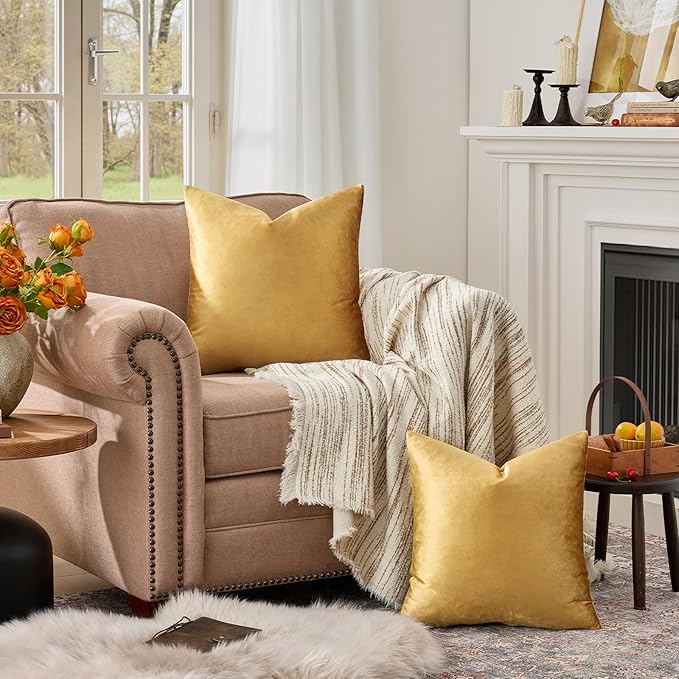 GIGIZAZA Golden Velvet Pillow Covers 26x26 Decorative Pillows Pack of 2 | Throw - Image 2