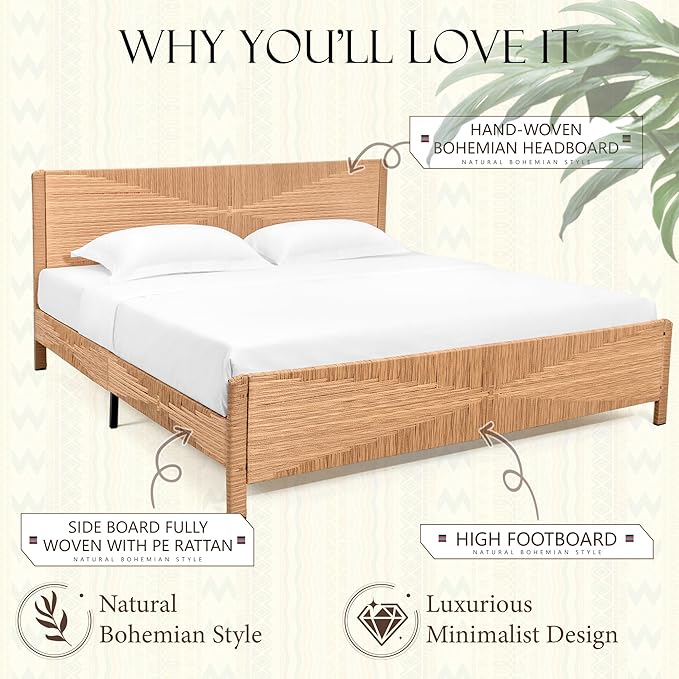 Yechen Hand-Woven PE Rattan King Bed Frame - Image 5