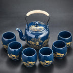 Japanese Tea Set, Black Glazed Tea Set in Gift Box With 1 Teapot, 1 Tea Strainer, 1 Tea Tray and 6 Tea Cups. Ideal Tea Set for Office Home, Asian Tea Sets for Tea Lovers(Country Blue)
