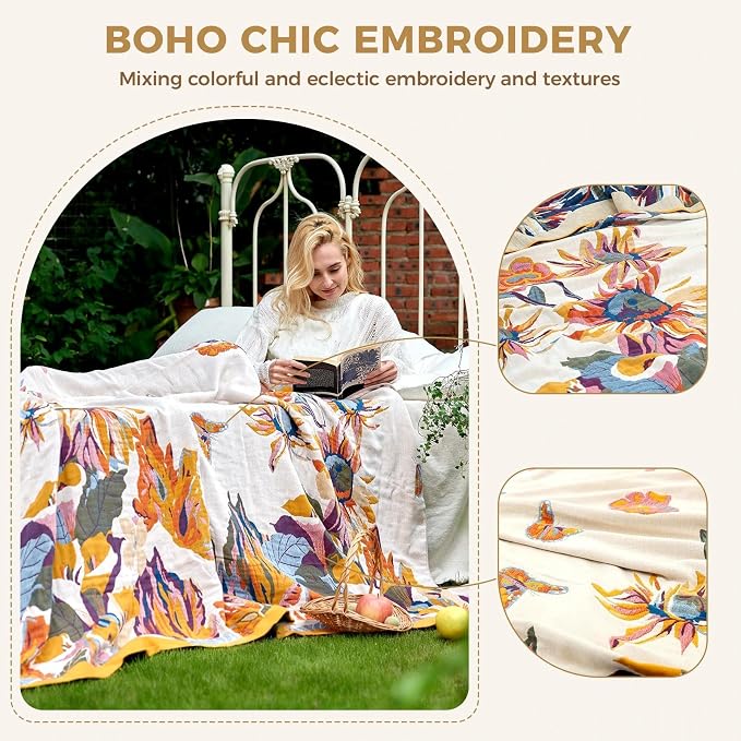 LUTBM Queen Throw Blanket for Bed 100% Cotton Boho Breathable Soft Quilt - Image 3