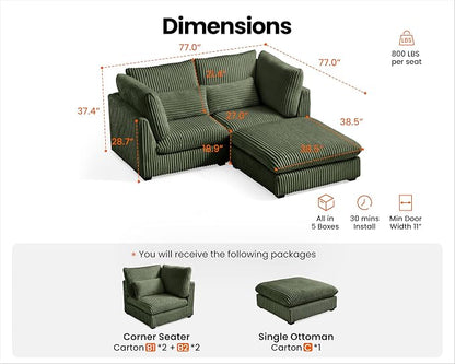 77" Oversized Corduroy Couch Modular Sectional Sofa, Washable Cloud Couch - Image 2