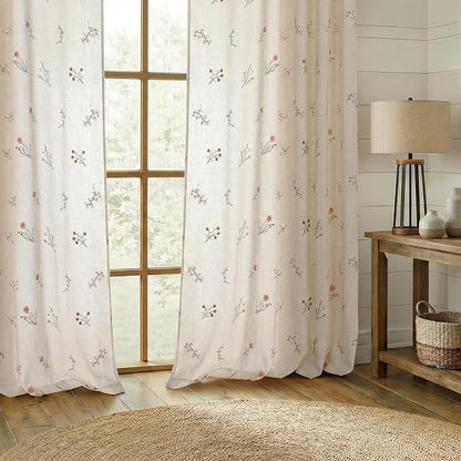 Floral Embroidered Light Filtering Curtains 96 Inch 2 Panels | Linen Blend - Image 2