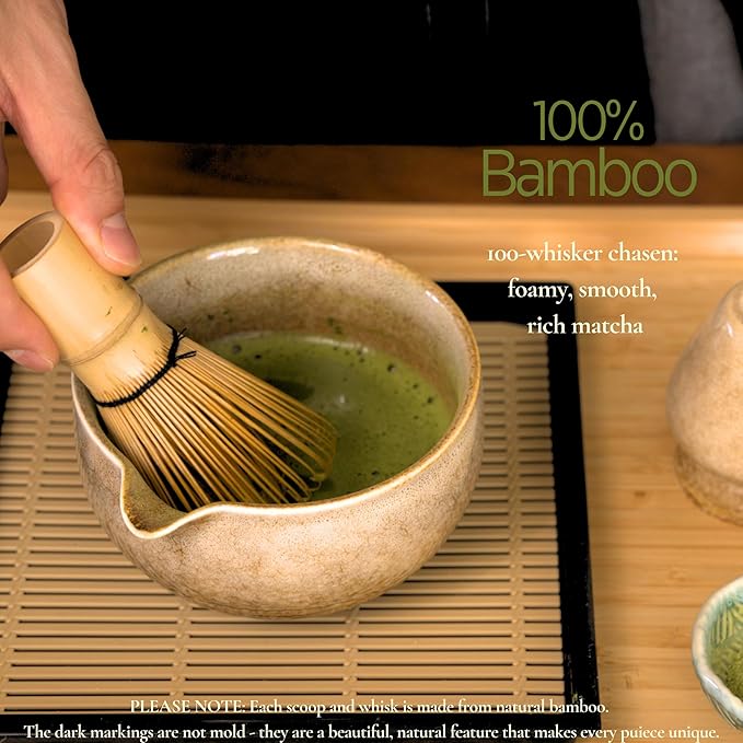 Matcha Whisk Set, Matcha Set, Handcrafted Bamboo Chasen & Ceramic Bowl Matcha Kit, 5 Pcs Matcha Set Whisk and Bowl with Stainless Steel Sifter, Bamboo Scoop & Holder for Matcha Tea Ceremony,Taupe