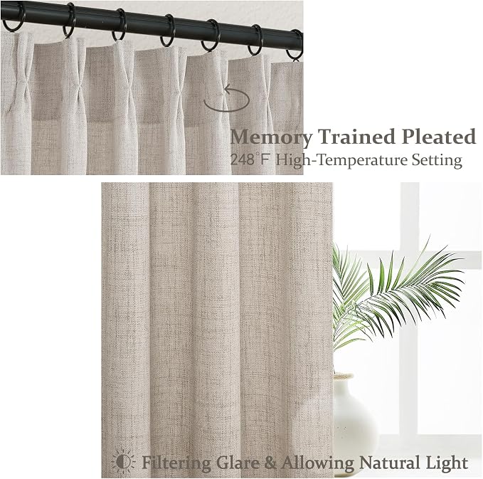 Pleated Greyish Brown Light Filtering 102 Inch Long Curtains 2 Panels Set - Image 3