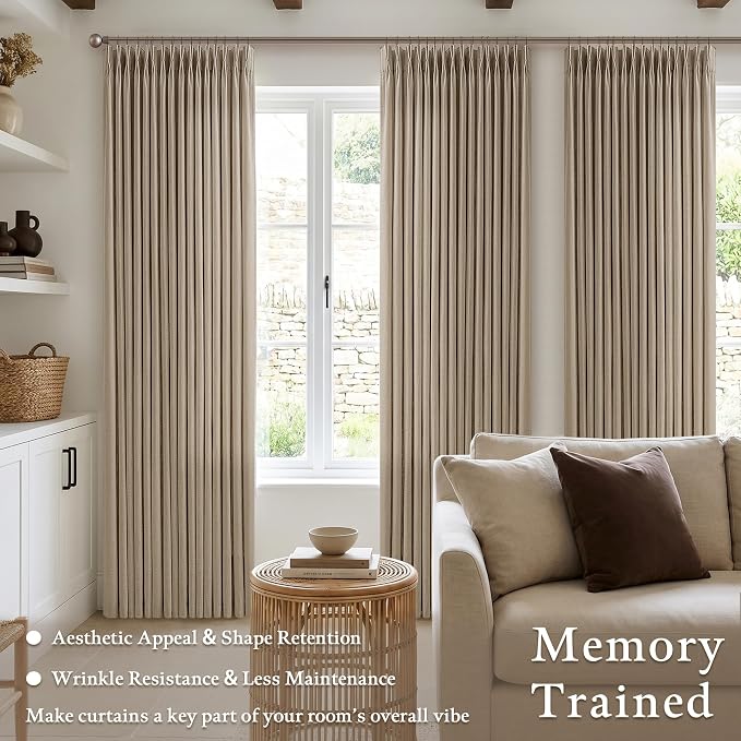 Camel Tan Linen Pleated Semi Sheer Privacy Back Tab Curtains 102 Inch Long | - Image 3