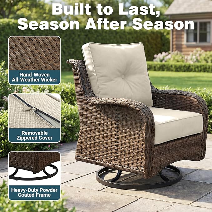 Patio Furniture Set, High Back Rattan Sofa & Swivel Rocker Chairs, Weather - Image 7