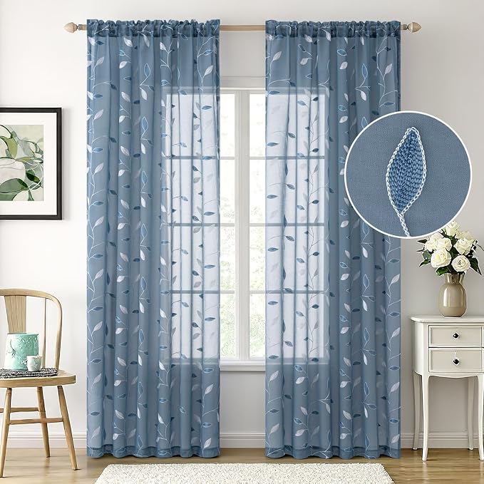 MIULEE Stone Blue Sheer Curtains 2 Panels Leaf Patterned, W52 x L63 | - Image 2
