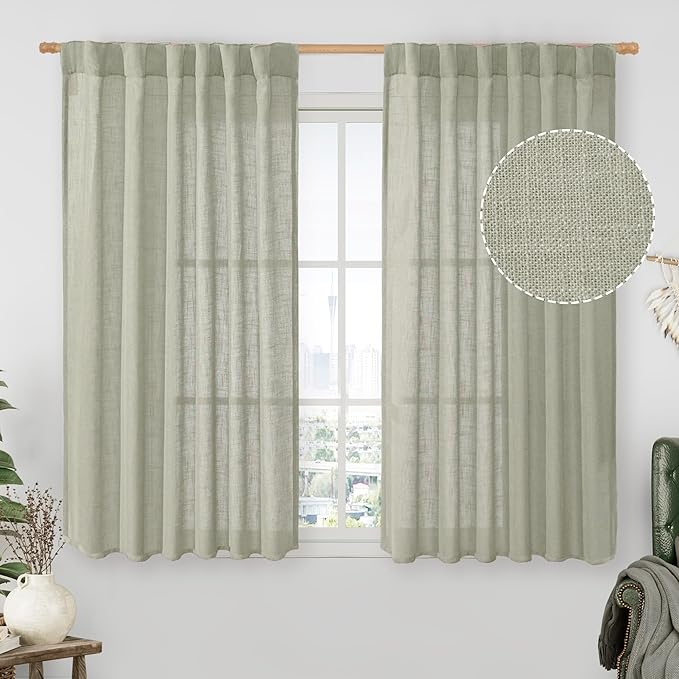 Sage Grey Semi Sheer Linen Curtains 45 Inches Long 2 Panels | Light Filtering by LAMIT