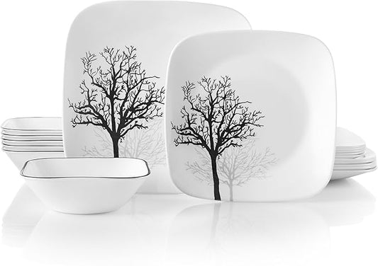 Corelle Vitrelle 18-Piece Service for 6 Dinnerware Set Triple Layer Glass and Chip Resistant, Lightweight Square Plates and Bowls Set, Timber Shadows