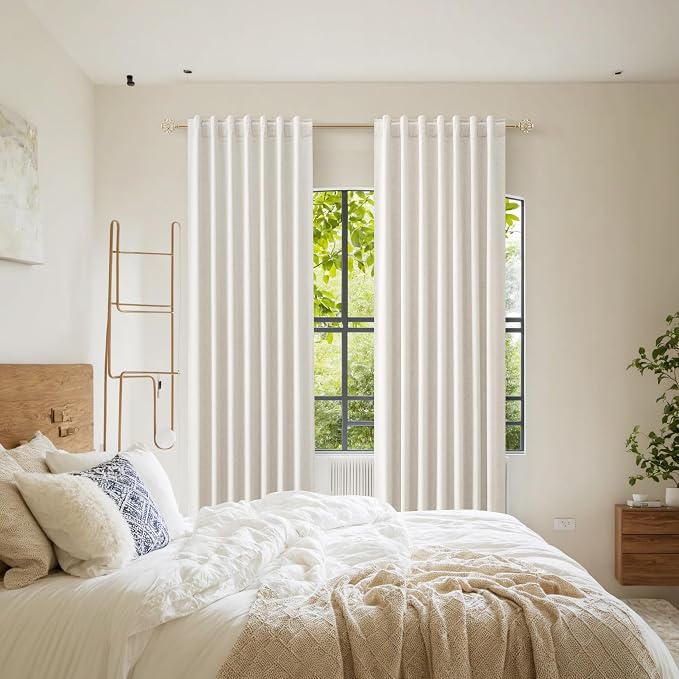 Beige White 100% Blackout Linen Curtains 98 Inch Length 2 Panels Set - Image 8