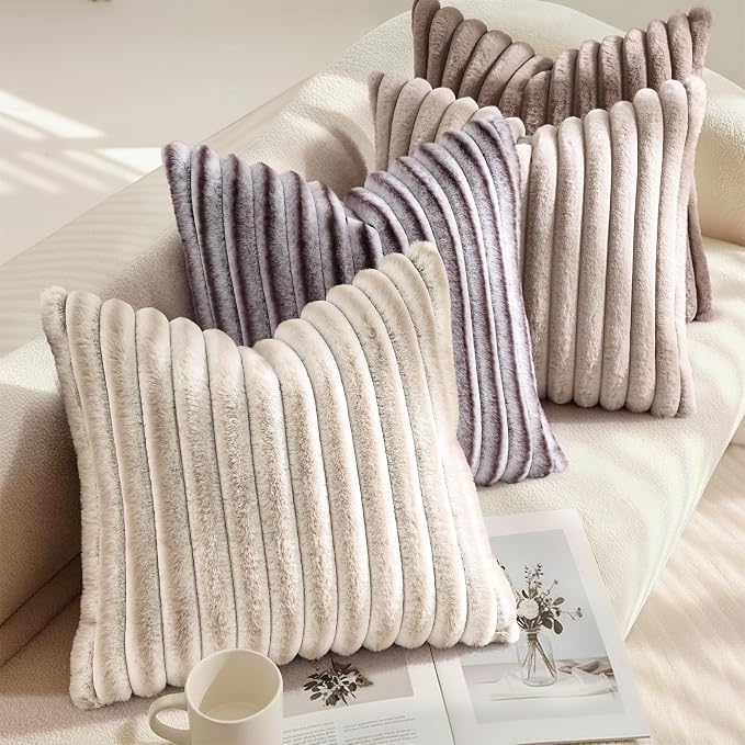 decorUhome Fall Faux Fur Throw Pillow Covers 12x20 Set of 2 Brown White | - Image 4