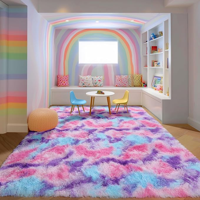 Rainbow Purple Rugs for Girls Bedoom 5x7 Ft, Fluffy Pastel Princess Carpet | - Image 5