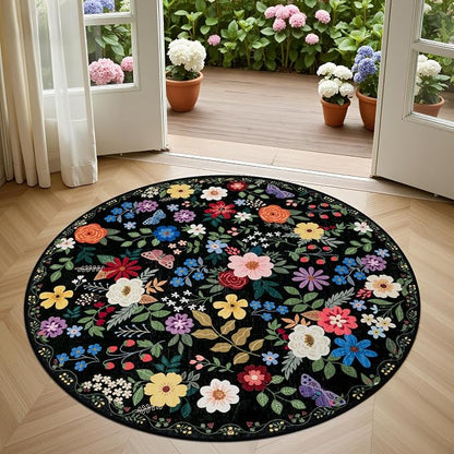 PLHXFR Round Area Rug Living Room: 4 ft Floral Washable Soft Carpet Black | - Image 2