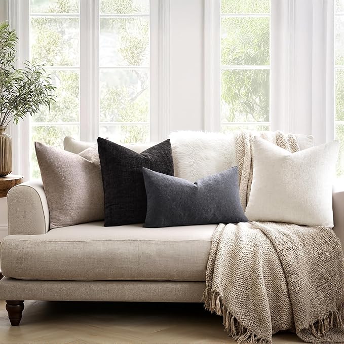 MIULEE Grey Chenille Couch Lumbar Throw Pillow Covers, 12x20 | Set of 2 - Image 4