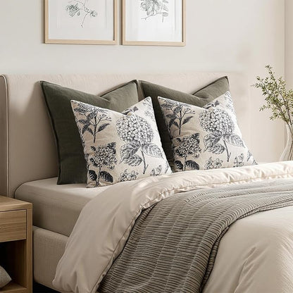 Set of 2 Decorative Floral Pillow Covers 18x18 Inch Black | Neutral Hydrangea - Image 6