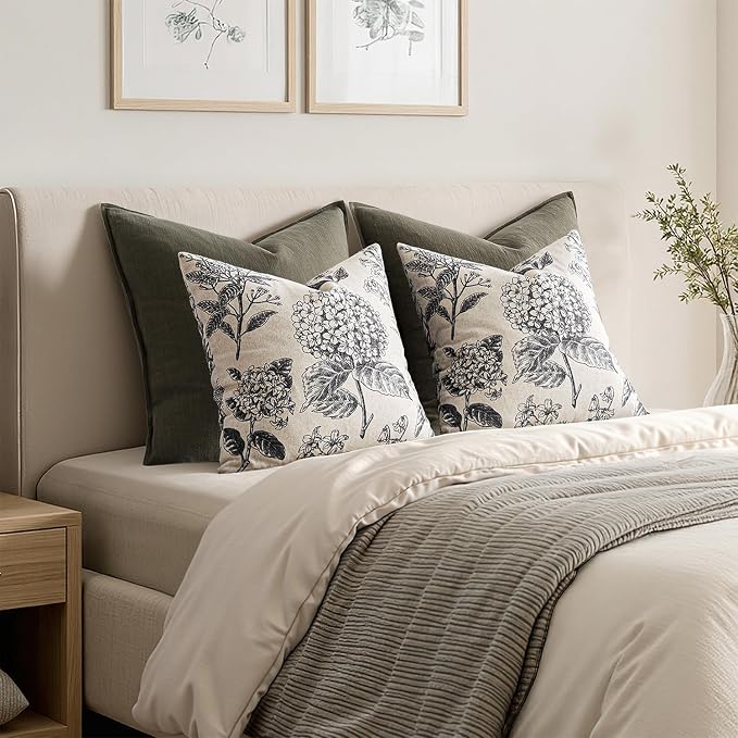 Set of 2 Decorative Floral Pillow Covers 20x20 Inch Black | Neutral Hydrangea - Image 6