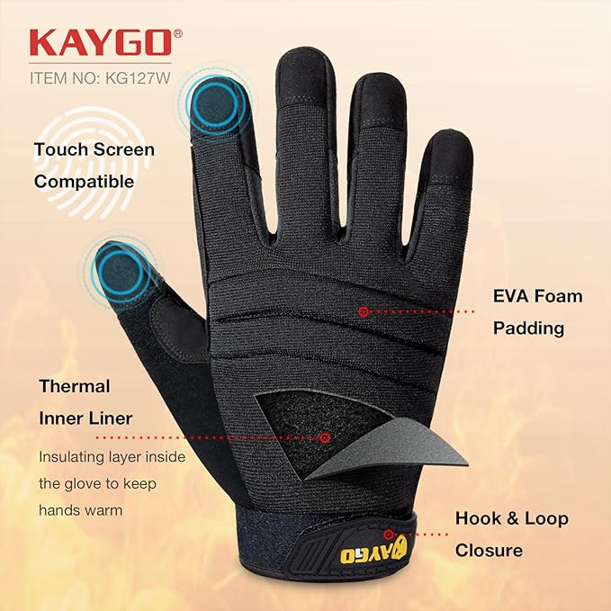 KAYGO Insulated Mechanic Work Gloves,3 Pairs KG127W Winter Thermal Safety Work Gloves for Men and Women, Double Lining,Heavy duty,Improved dexterity,Excellent Grip,Ideal for outdoor jobs,M