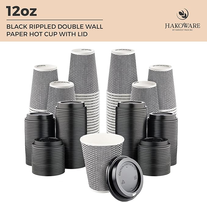 [400 SET]Harvest Pack 12 oz Disposable Coffee Cups, Insulated Ripple Double-Walled Paper Cup with Lid, Black and White Geometric, Tea Hot Chocolate Drinks To go coffee cups