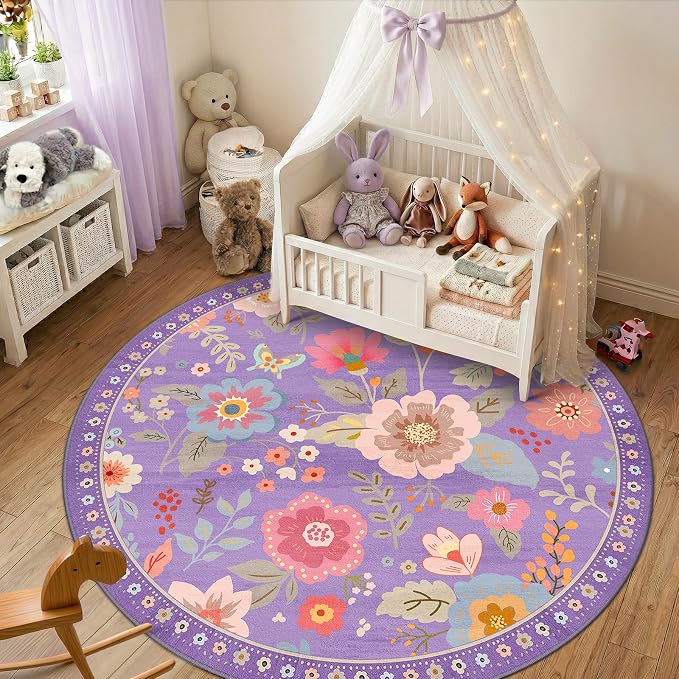 RELEANY Floral Washable Round 6ft Area Rug Purple/Pink | Flower Carpet Print - Image 3