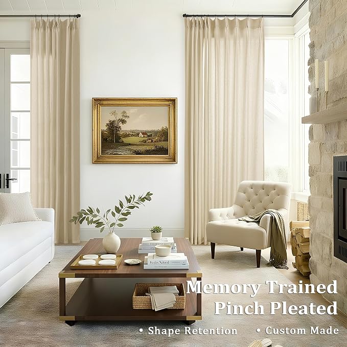 Light Filtering Pinch Pleat Linen Curtains 102 Inches Long Beige | Boho - Image 2